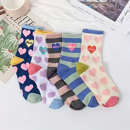 5 Pairs Dopamine Sweet Heart Striped Women Mid Tube Socks Fashionable Korean College Style Comfortable All Season Casual Socks