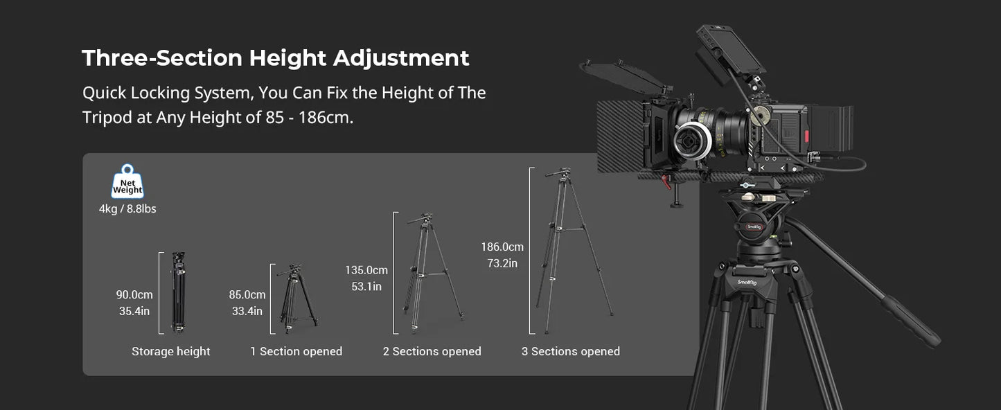 SmallRig Heavy-Duty 360° Fluid Head Tripod AD-01 186cm Video Tripod with Quick Release Plate for DSLR Camera Camcorder