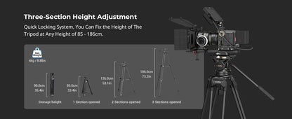 SmallRig Heavy-Duty 360° Fluid Head Tripod AD-01 186cm Video Tripod with Quick Release Plate for DSLR Camera Camcorder
