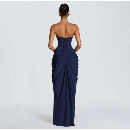 Butter Yellow Mesh Splicing Long Dress Elegant Strapless Split Backless Pleated Gowns For Women 2026 Lady Evening Party Gowns