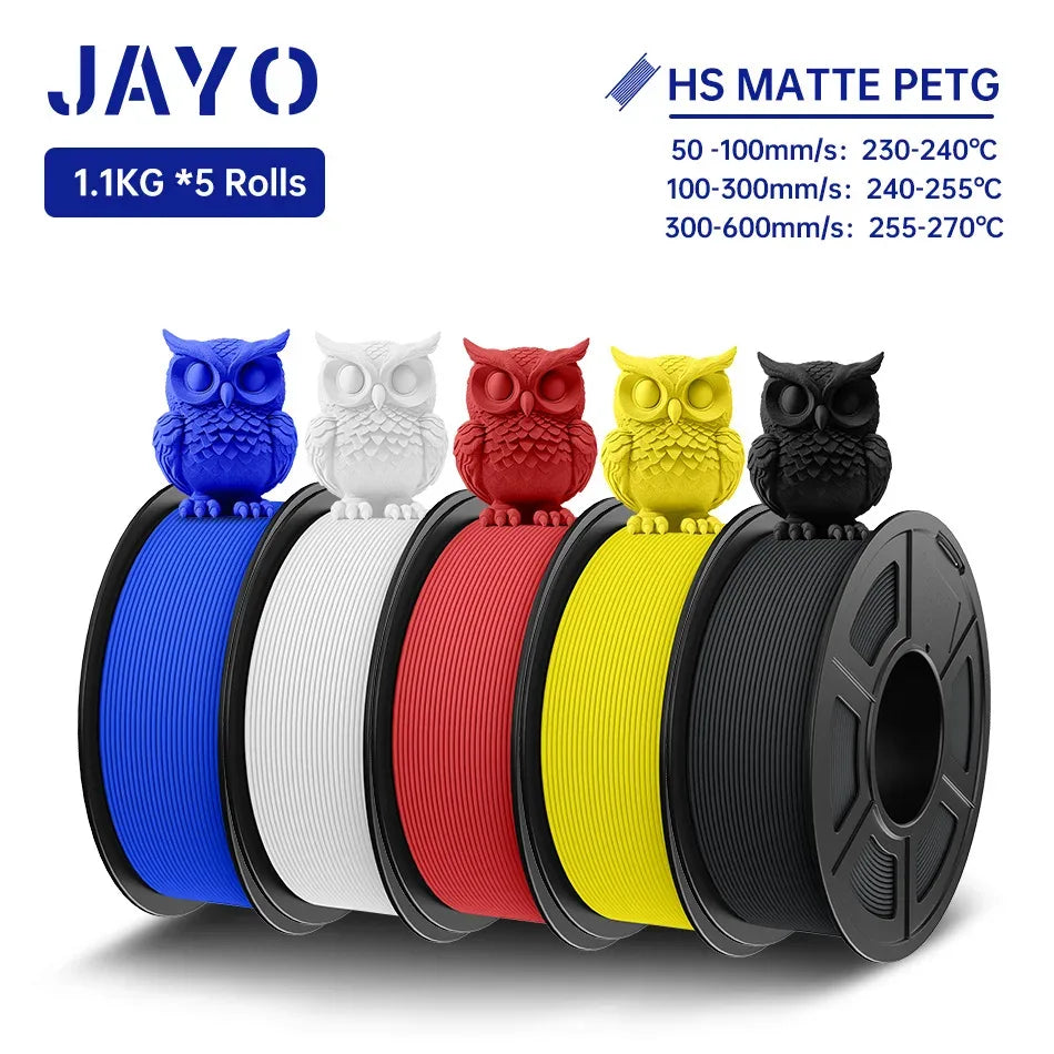JAYO PETG 3D Filament 1.75MM High Speed PETG 3D Printer Filament 5Rolls High Flow Speedy Matte Effect 3D Printing Mateials