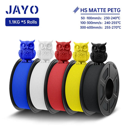 JAYO PETG 3D Filament 1.75MM High Speed PETG 3D Printer Filament 5Rolls High Flow Speedy Matte Effect 3D Printing Mateials