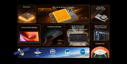 OUKITEL RT3 PRO 8-inch HD Rugged Tablet 13.9mm Ultra-Slim Profile IP68 &IP69K & MIL-STD-810H, 16(4+12)GB +128GB, 5150mAh Battery