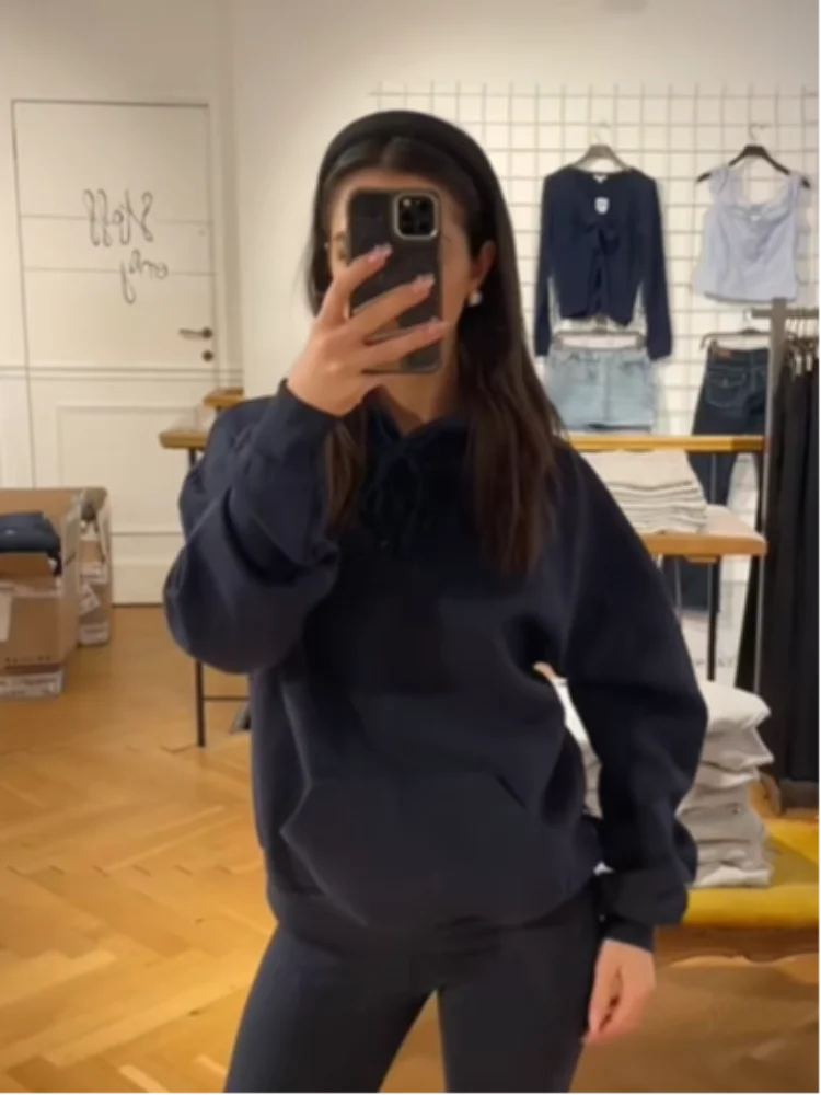 Chic Navy Blue Sequin Angle Pattern Hoodie Sweatsuit Long Sleeve Loose High Street Pullover 2025 New Lady Autumn Winter Coats