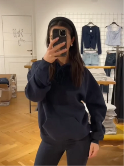 Chic Navy Blue Sequin Angle Pattern Hoodie Sweatsuit Long Sleeve Loose High Street Pullover 2025 New Lady Autumn Winter Coats