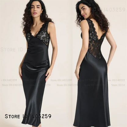 Elegant Female Long Nightgown Sleepwear Sexy Patchwork Lace Backless Nightdress Lingerie Summer New Silk Satin Homewear Nighty
