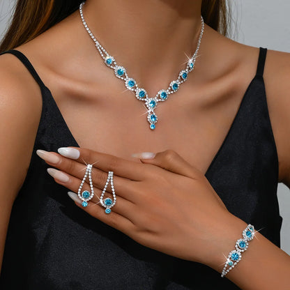 4PCS Fashion Elegant Crystal Jewelry Sets for Women Rhinestones Necklace Ring Earrings Bridal Wedding Party Jewelry Sets