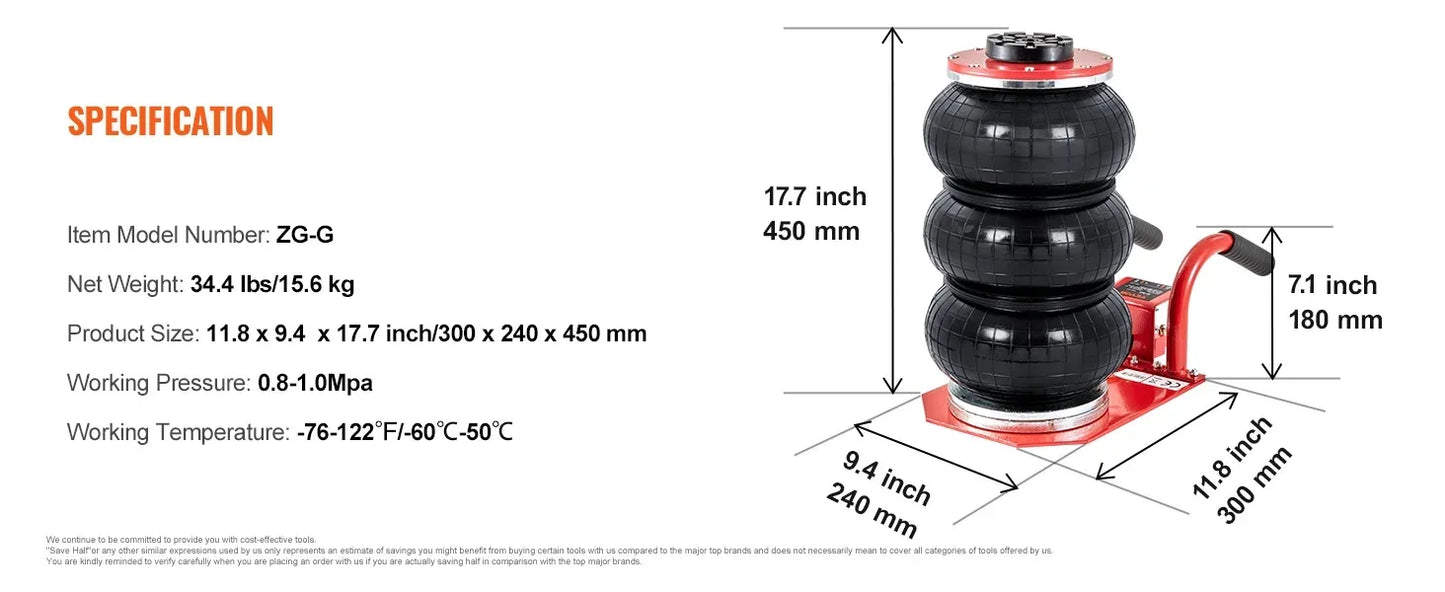 Air Jack 3 Ton/6600 lbs Triple Bag Air Jack, Airbag Jack with Six Steel Pipes Fast Lifting Pneumatic Jack for Car, Garage Repair