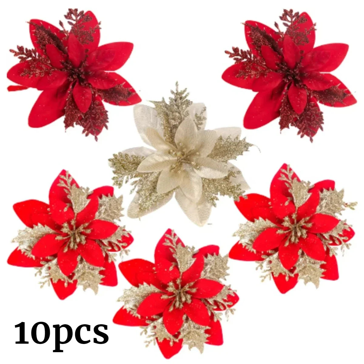 10/1Pc Christmas Glitter Artificial Flowers DIY Christmas Tree Hanging Ornaments Fake Flower For Xmas New Year Party Decor Gifts