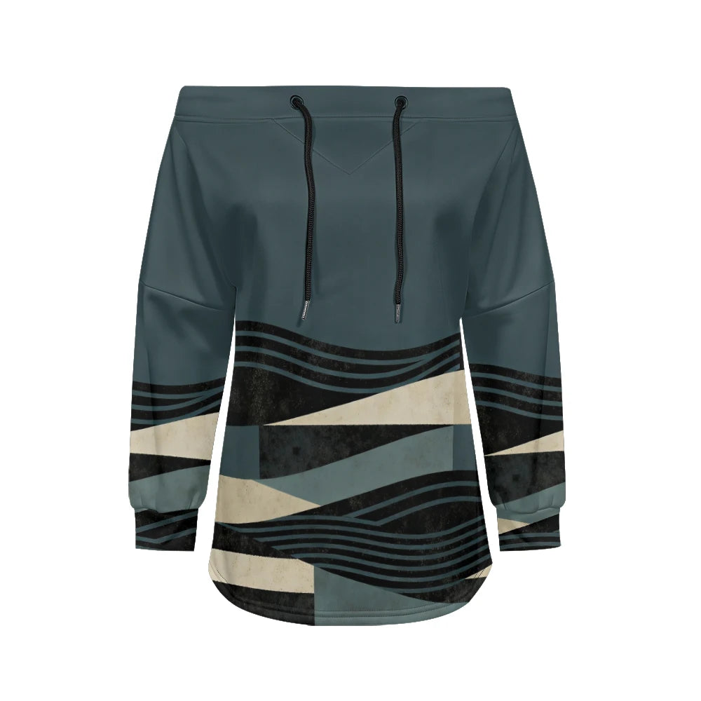 Trendy Off-Shoulder Sweatshirts with Striped & Polka Dot Patterns Drawstring Casual Loose-Fit Top for Women Casual Streetwear