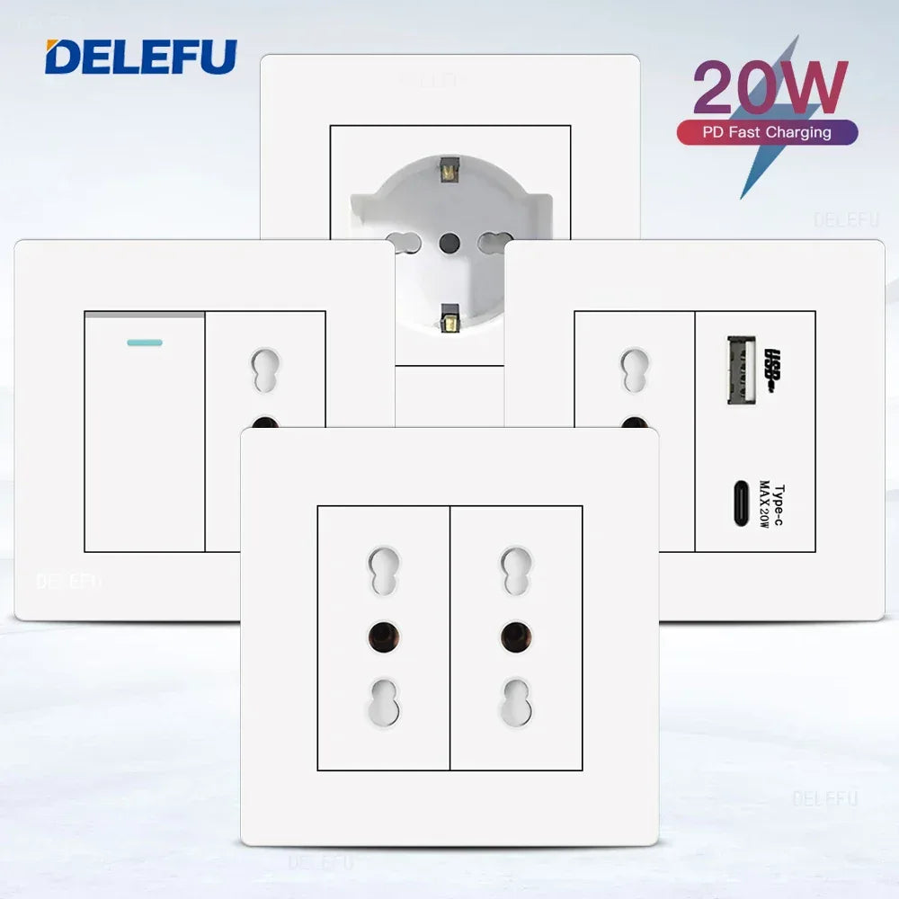 DELEFU86 PC White Flame Retardant Panel Italy Standard Wall Socket USB Type C Socket German Italian Socke EU Socket