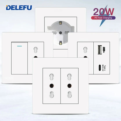 DELEFU86 PC White Flame Retardant Panel Italy Standard Wall Socket USB Type C Socket German Italian Socke EU Socket