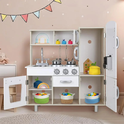 Wooden Play Kitchen Set Pretend Play Kitchen with Lights and Sounds for Kids Ages 3+, Includes Stove Oven Microwave Coffee Maker