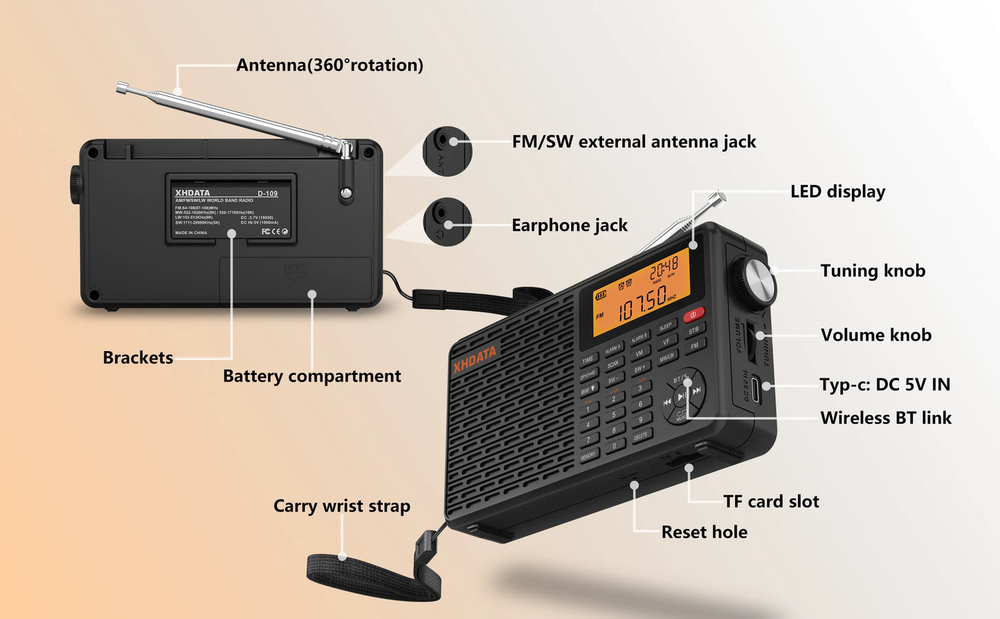 XHDATA D-109 Stereo Digital Portable Radio AM SW MW FM Radio Bluetooth Compatible Multifunctional Radio Support TF Card Player