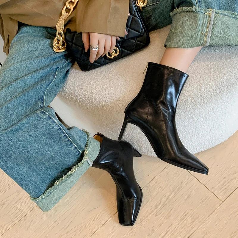 JOZHAMTA Size 34-43 Women Ankle Boots Real Leather Thick High Heel Shoes Fall Winter 2025 Casual Office Lady Dress Short Booties