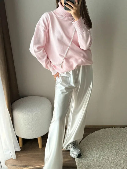 Winter Pink Turtleneck Sweaters Women Oversized Autumn Warm Women's Jumper Loose Basic White Turtleneck For Women Pullovers