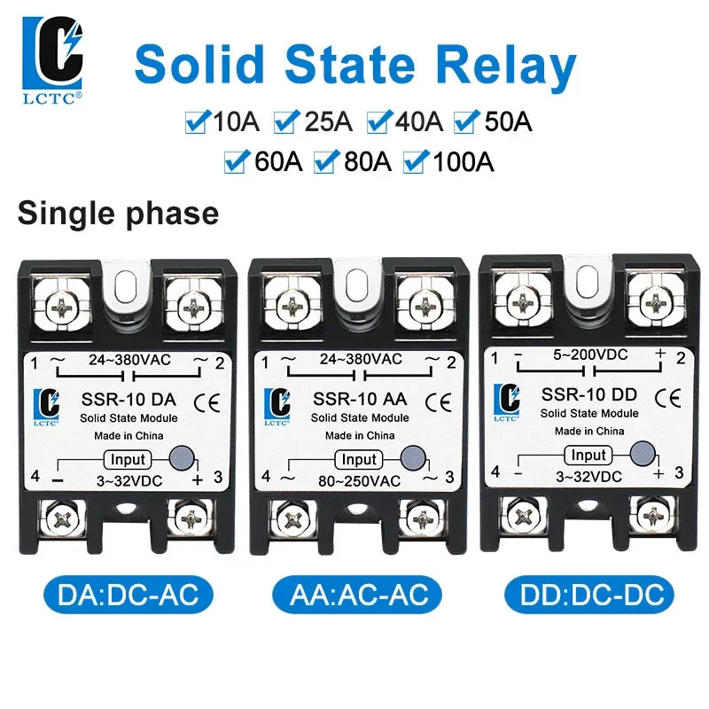 LCTC 1PCS SSR Solid State Relay DC To AC AC To AC DC To DC 10A 25A 40A 50A 60A 80A 100A Non-contact Relay 3-32VDC