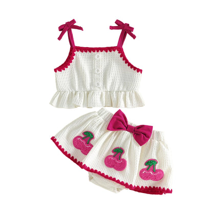 Sweet Baby Girl Summer Outfit Contrast Trim Ruffled Hem Cami Tops Cherry Applique Bow Skorts 2 Piece Girls Set