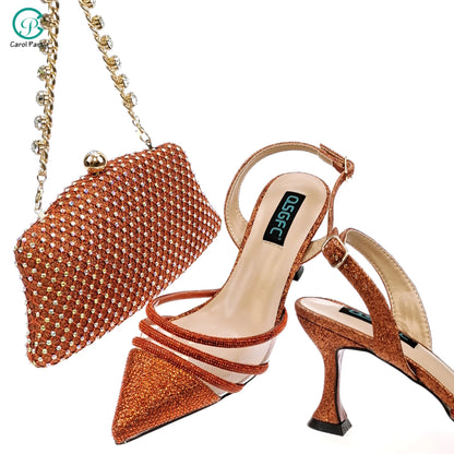 QSGFC African Women's Fashion Crystal Square Button Pointed High Heels Water Diamond Shiny Wine Color Sandal Bag Set