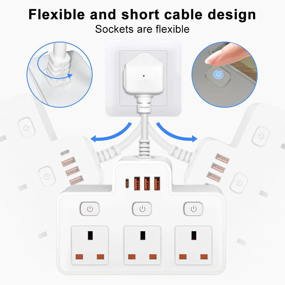 UK Plug AC Power Strip Wall Mounted Independent Switch Socket European Standard Plug With USB C Ports Charging Network Filter