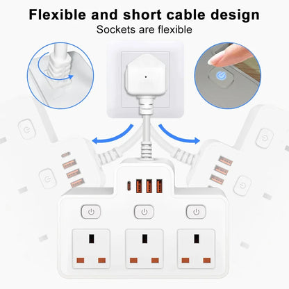 UK Plug AC Power Strip Wall Mounted Independent Switch Socket European Standard Plug With USB C Ports Charging Network Filter
