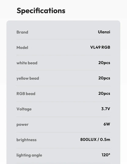 Ulanzi VL49 RGB Video Lights Mini LED Camera Light 2000mAh Rechargable LED Panel Lamp Photo Video Lighting for Youtube Tik tok
