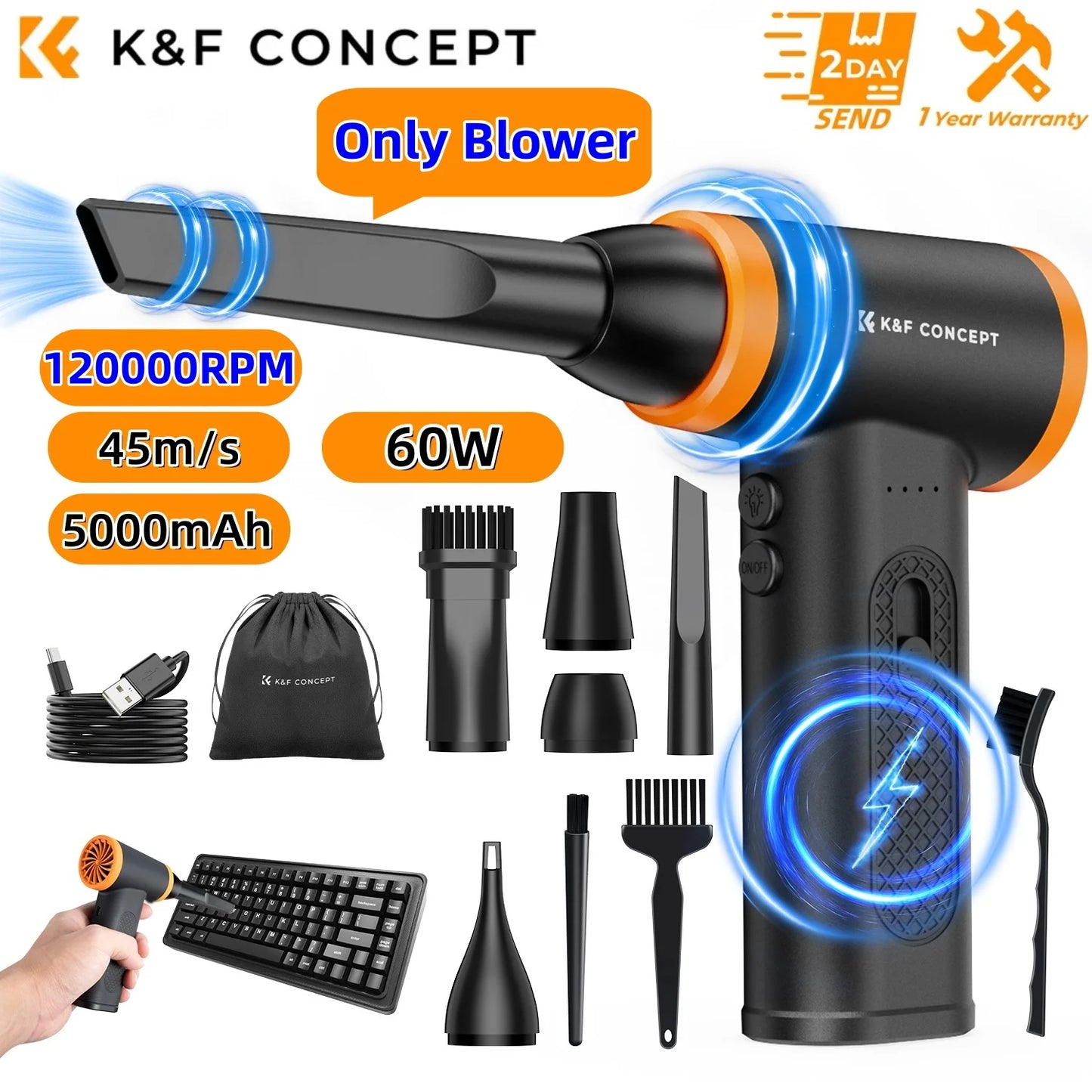 K&F CONCEPT Electric Air Duster Cordless Compressed Air Blower Suction for Computer,PC,Laptop Keyboard,Car,Camera Dust Cleaner
