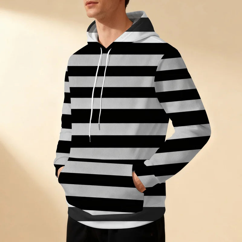 Men's striped hooded sweatshirt with drawstring, sporty, casual, stylish, versatile, and comfortable, perfect for commuting.