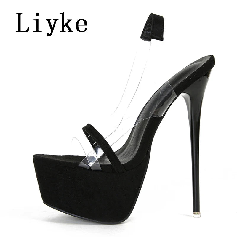 Liyke Model Catwalk Extreme High Heels Sexy 16 CM Transparent Sandal Women Snake Print Open Toe Slip-On Back Strap Platform Shoe