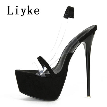Liyke Model Catwalk Extreme High Heels Sexy 16 CM Transparent Sandal Women Snake Print Open Toe Slip-On Back Strap Platform Shoe