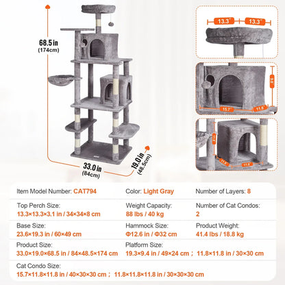 SucceBuy Cat Tree for Indoor Cats 45.2"  Tower with Cat Condo Sisal Scratching Post HammockTop Perch Jumping Platforms Dark Grey