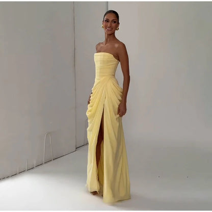 Butter Yellow Mesh Splicing Long Dress Elegant Strapless Split Backless Pleated Gowns For Women 2026 Lady Evening Party Gowns