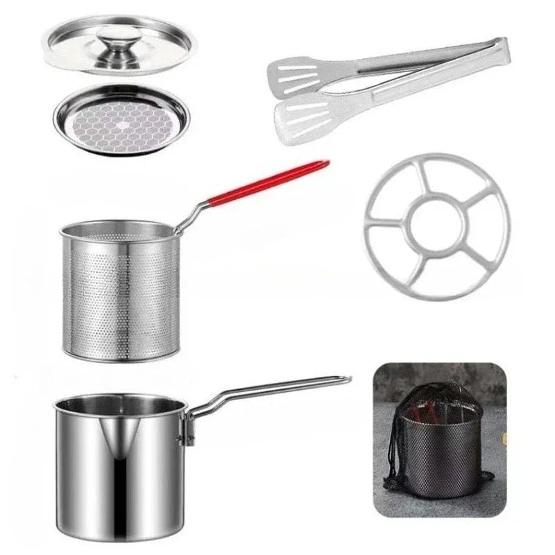Stainless Steel Deep Fryer with Basket Multi-Purpose for Home/Commercial Tempura Chicken Frying Anti-Slip Base Cool Handle wok