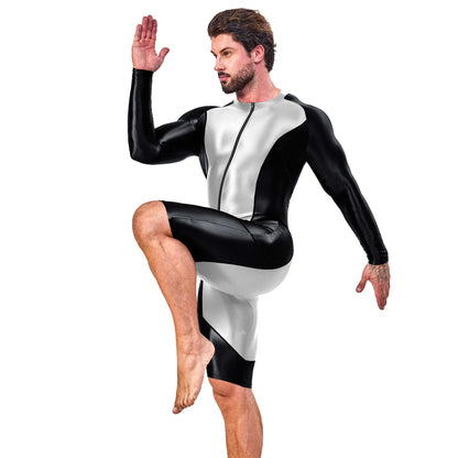 AMORESY Atticus Series Men Glossy Smooth Patchwork High Stretch Long Sleeve Knee Length Tracksuit Jumpsuit Bodysuit Fitness Gym