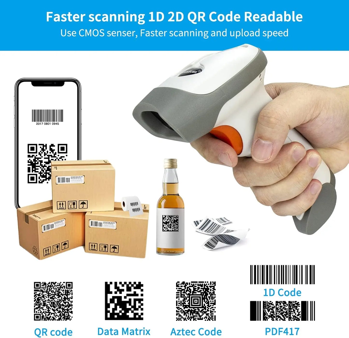 NETUM L8BL-W Wired 2D Barcode Scanner and L8BL-B Blueooth Wireless QR Barcode Reader PDF417 Automatic Sensing for Pos Scanning