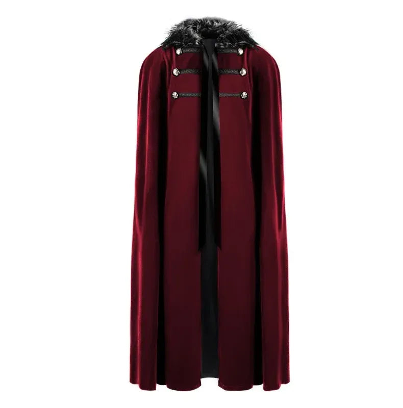 Men Punk Vintage Cape Casual Cloak Halloween Fur Collar Hooded Trench Medieval Costume Renaissance Party Autumn Winter Long Coat