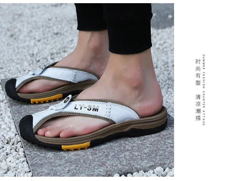 Genuine Cow Leather Shoes Men Sandals Mens Flip Flops Men's Casual Shoes Classic Massage Beach Slippers Anti-slip Summer 2025
