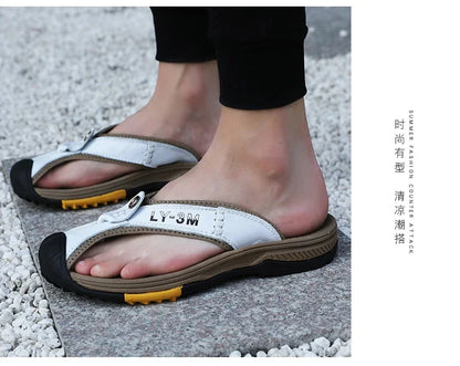 Genuine Cow Leather Shoes Men Sandals Mens Flip Flops Men's Casual Shoes Classic Massage Beach Slippers Anti-slip Summer 2025