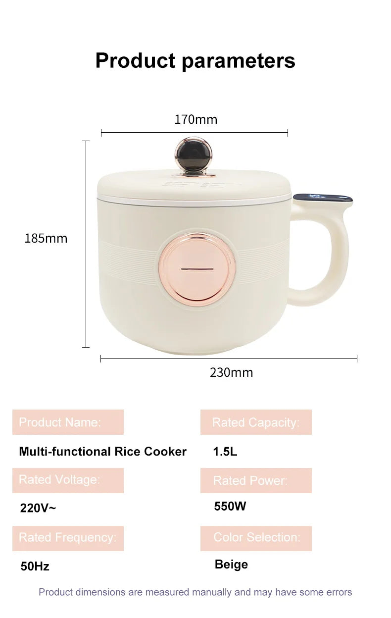 220V Multi Cookers Portable Electric Hot Pot 1.5L Household Non-stick Pan electric cooking pot for Ramen, Dumplings, Oatmeal