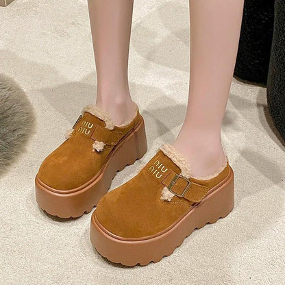 Platform High Heels Slippers Women Suede Mules Shoes Fur Warm Wedges Flip Flops 2025 Winter New Snow Boots Fashion Zapatos Mujer