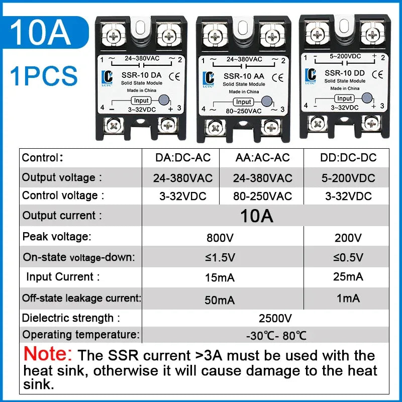 LCTC 1PCS SSR Solid State Relay DC To AC AC To AC DC To DC 10A 25A 40A 50A 60A 80A 100A Non-contact Relay 3-32VDC