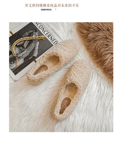Big Size 43 Women Lambswool Slippers Winter Sheep Fur Shoes Ladies Flat Cotton Slides Home Pantuflas Daily Slip On Furry Mules