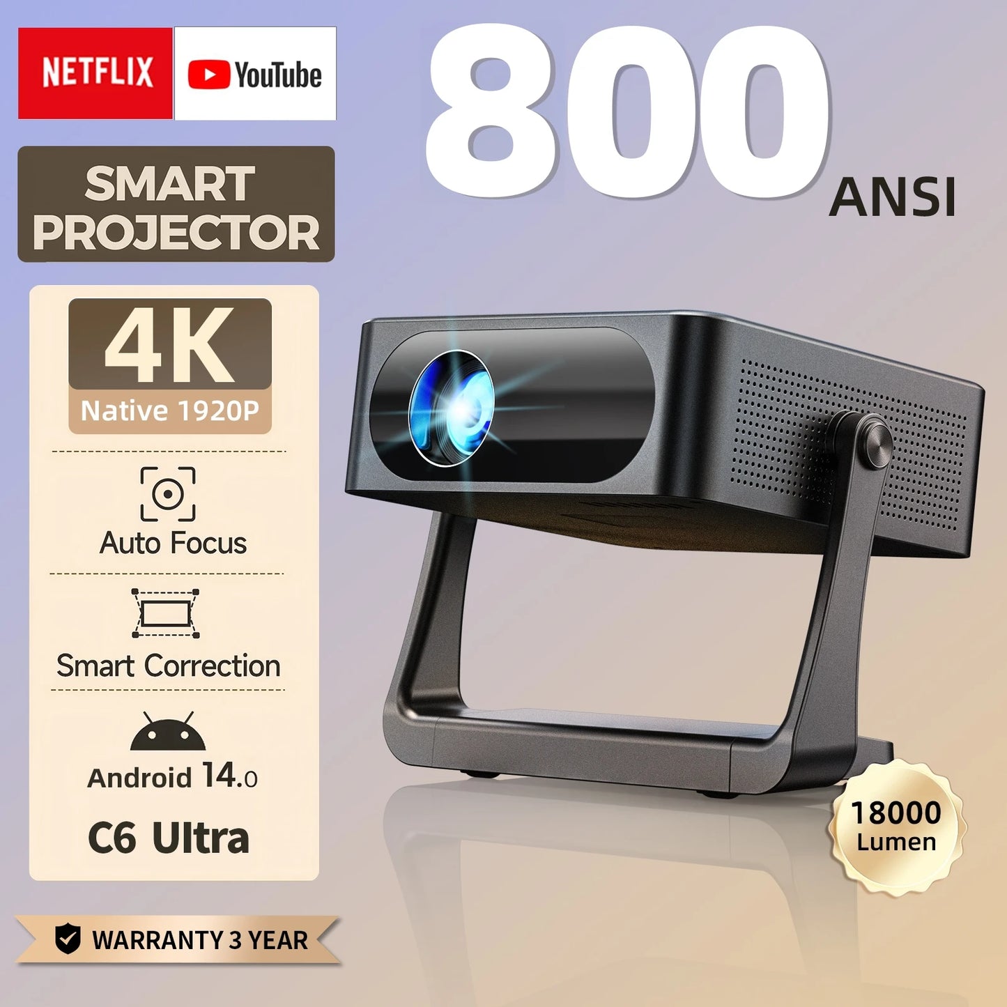 Fintex C6 Ultra Projector 4K FullHD 18000Lumen 1080P HDR10 Proyector 800 ANSI AndroidTV14.0 ASA3.0 AutoFocus Portable Projectors