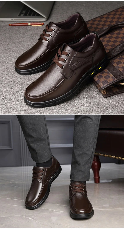 Autumn Men's Leather Shoes True Cowhide Flat Bottom Anti-Slip Plus Size Casual Elderly Father Shoes Rubber Sole China Made