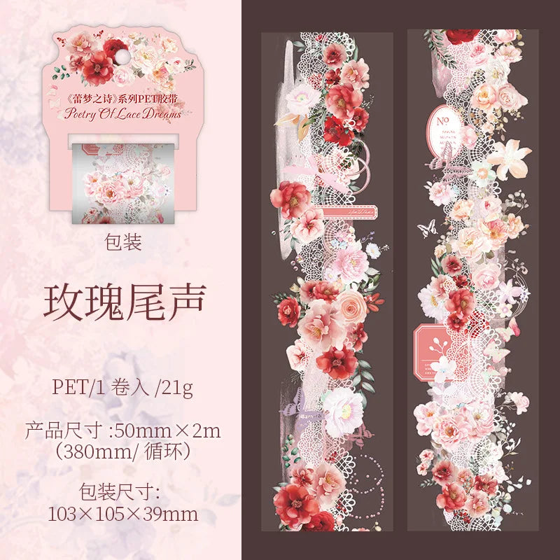Mr. Paper 1 Roll Lace Flower PET Tape Home Decoration for Scrapbook Frame Phone Case Notebook Phone Case Collage Sticker Gifts