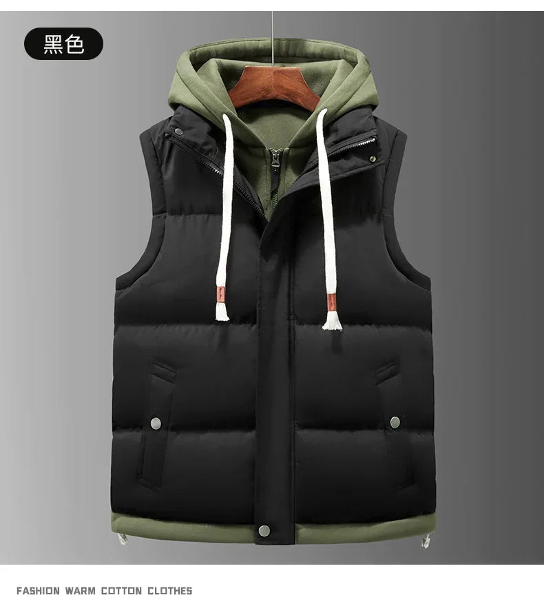 Unisex Fashion Hooded Vests Jacket Sleeveless Vest Autumn Thermal Soft Vests Casual Coats Male Cotton Men's Vest Men Thicken