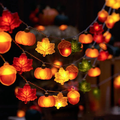 Guirlande lumineuse LED de 1,5/3 m en forme de citrouille, de noix et de feuille d'érable, idéale pour Halloween, Noël ou toute autre fête. Décoration à suspendre, accessoire de décoration ou cadeau de Thanksgiving.