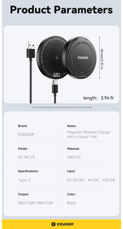 Essager Magnetic Wireless Charger With Holder 15W Fast Charging For iPhone16 15 14 13Pro Max Airpods Mini Wireless Phone Charger