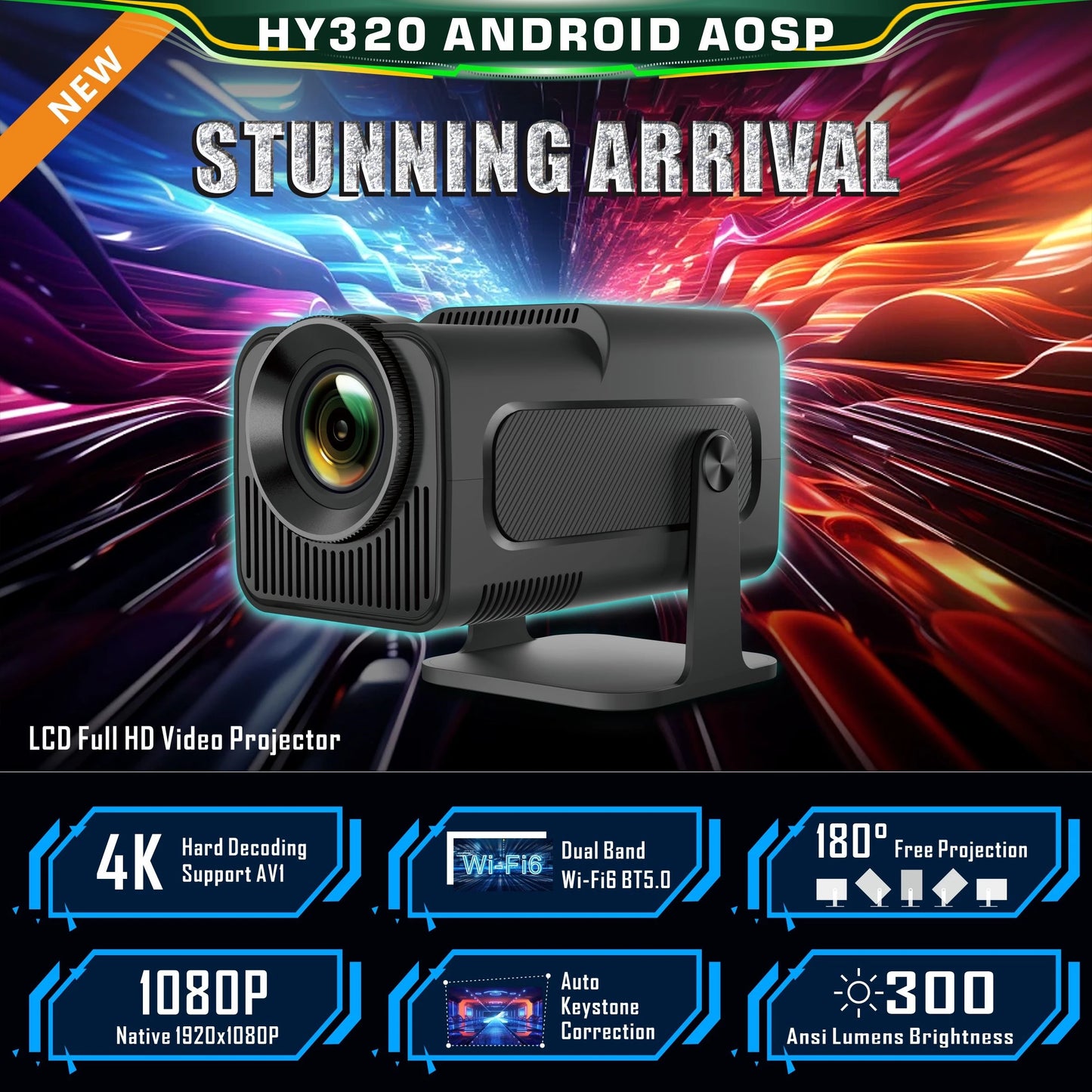 Salange HY320 MINI Android 14.0 Projector LED Beamer Home Cinema 300ANSI 720P WIFI Smart TV HD 1080P 4K Movie