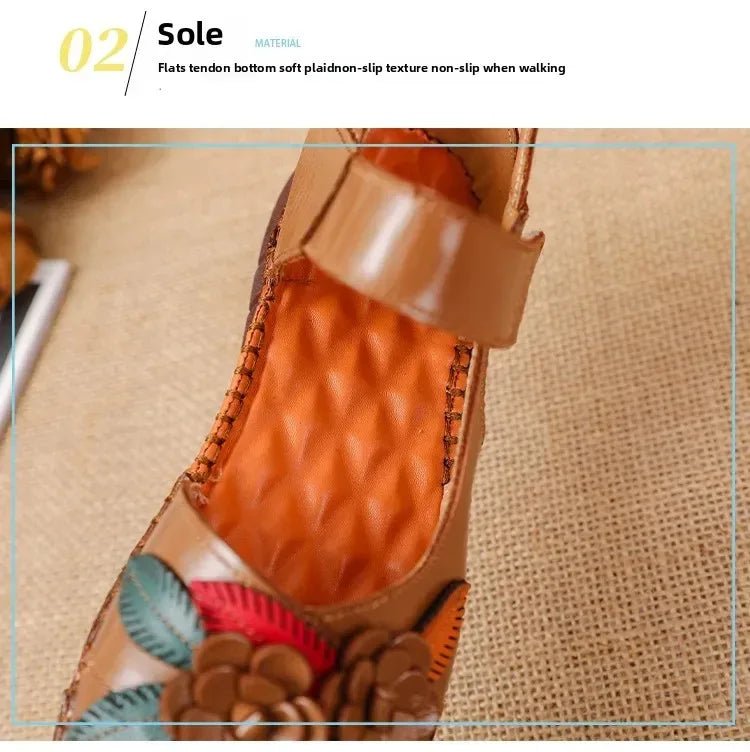 New 2025 Ladies Flat Sandals Soft Leather Anti-Slip Bottom Ethnic Style Comfortable Soft Surface Design for Elderly People